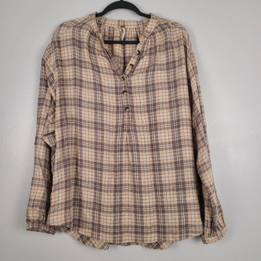 Free People Northern Bound Oversized Flannel Balloon Sleeve Top in Beige Combo